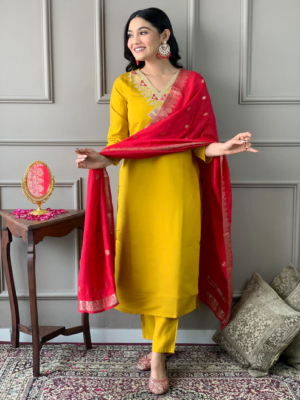 V NECK KURTA SETS YELLOW